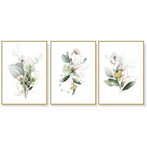 Wall Art 80cmx120cm Green and Gold Watercolor Botanical 3 Sets Gold Frame Canvas