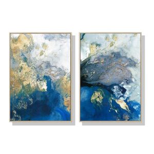 Wall Art 40cmx60cm  Marbled Blue And Gold 2 Sets Gold Frame Canvas