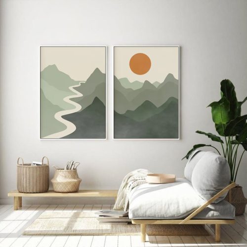 80cmx120cm Sage Green River Mountain 2 Sets White Frame Canvas Wall Art