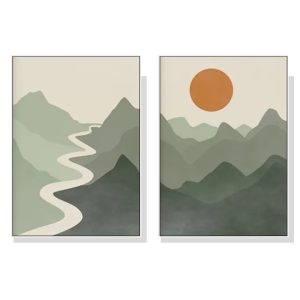100cmx150cm Sage Green River Mountain 2 Sets White Frame Canvas Wall Art
