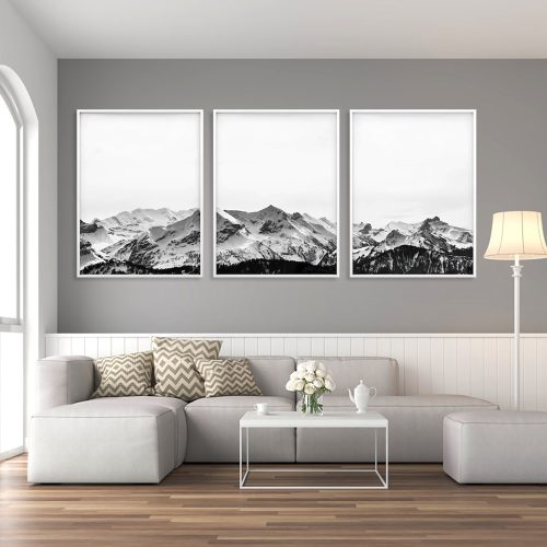 40cmx60cm Black White Mountain 3 Sets White Frame Canvas Wall Art