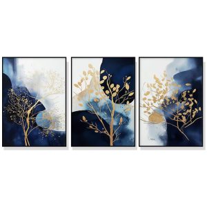 70cmx100cm Navy and Gold Watercolor Shapes 3 Sets Black Frame Canvas Wall Art