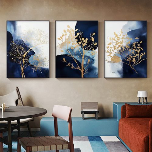50cmx70cm Navy and Gold Watercolor Shapes 3 Sets Black Frame Canvas Wall Art