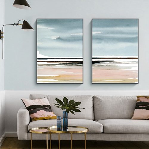 80cmx120cm Pink Beach Landscape 2 Sets Black Frame Canvas Wall Art