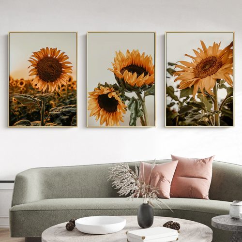 60cmx90cm Sunflower 3 Sets Gold Frame Canvas Wall Art