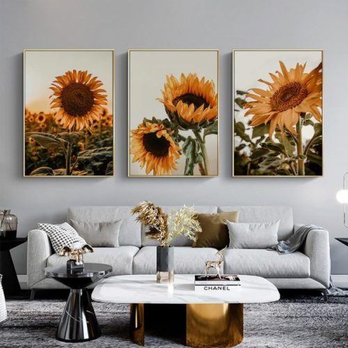 60cmx90cm Sunflower 3 Sets Gold Frame Canvas Wall Art