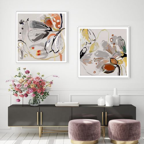 90cmx90cm Blooming Spring Floral 2 Sets White Frame Canvas Wall Art