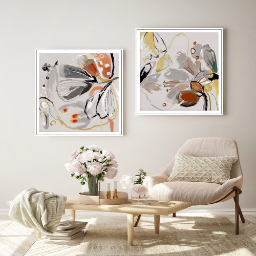 100cmx100cm Blooming Spring Floral 2 Sets White Frame Canvas Wall Art