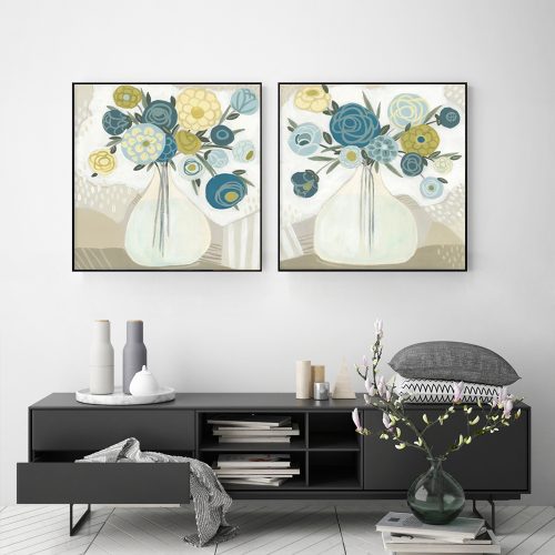 80cmx80cm Blue Bouquet 2 Sets Black Frame Canvas Wall Art