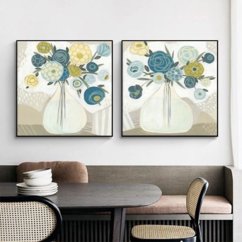 100cmx100cm Blue Bouquet 2 Sets Black Frame Canvas Wall Art