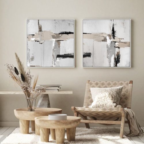 80cmx80cm Neutral Abstract 2 Sets White Frame Canvas Wall Art