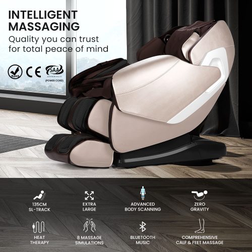 FORTIA Cloud 9 MkII Electric Massage Chair Full Body Zero Gravity with Heat and Bluetooth, Cream/Brown