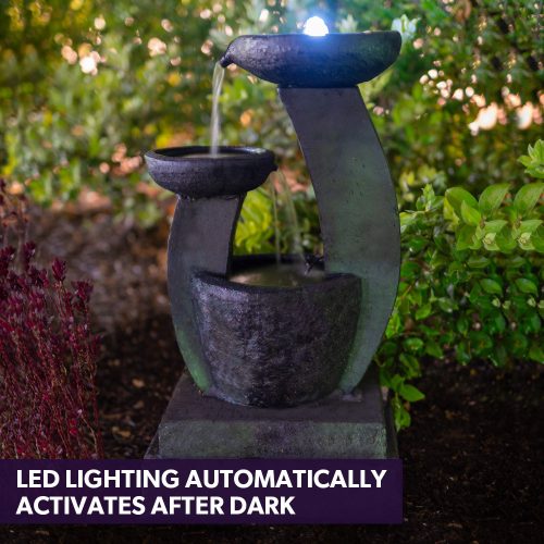 PROTEGE Solar Fountain Water Feature Outdoor Bird Bath with LED Lights – Charcoal