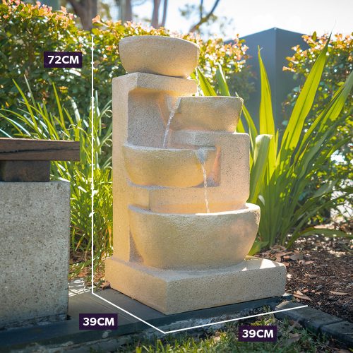 PROTEGE Solar Fountain Water Feature Outdoor 4 Bowl with LED Lights – Sand Colour