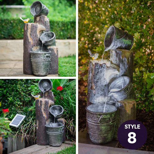 PROTEGE Solar Fountain Water Feature Outdoor 4 Bowl with LED Lights – Sand Colour