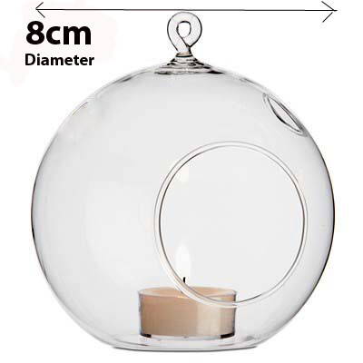 4 x Hanging Clear Glass Ball Tealight Candle Holder  – 8cm Diameter / High – Wedding Globe Decoration Terrarium Succulent Plant Mini Garden Holder Dec