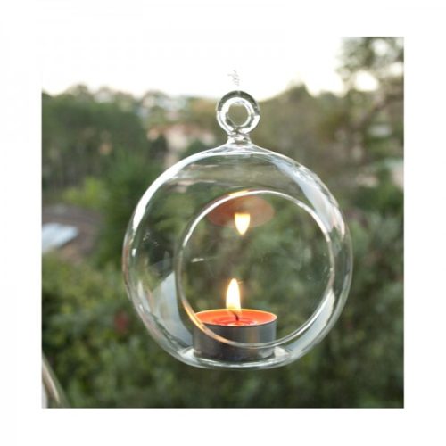 4 x Hanging Clear Glass Ball Tealight Candle Holder – 8cm Diameter / High – Wedding Globe Decoration Terrarium Succulent Plant Mini Garden Holder Dec