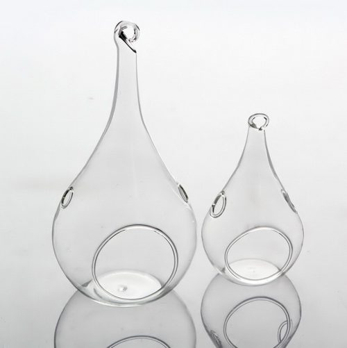 4 Pack of Hanging Clear Glass Tealight Candle Holder Tear Drop Pear Shape – 12cm High – Terrarium Plant Mini Garden Holder Decor