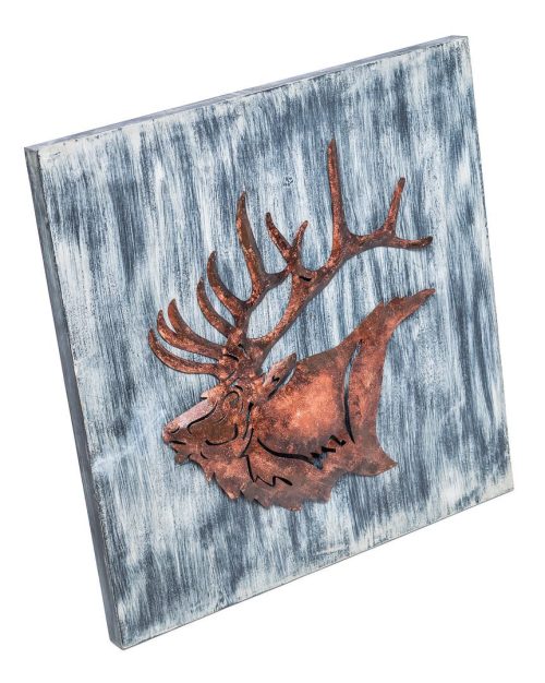 Decorative Reindeer 3D Wood Metal Wall Art Decor in Blue and Rusty Bronze