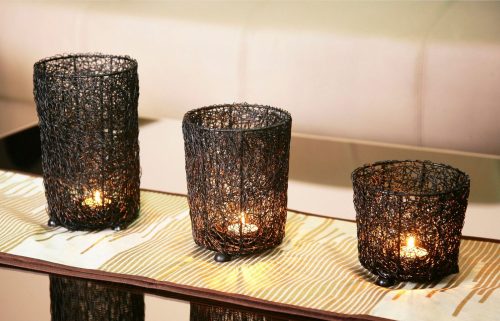 Wired Mesh Tealight Black Candle Holders – Set of 3