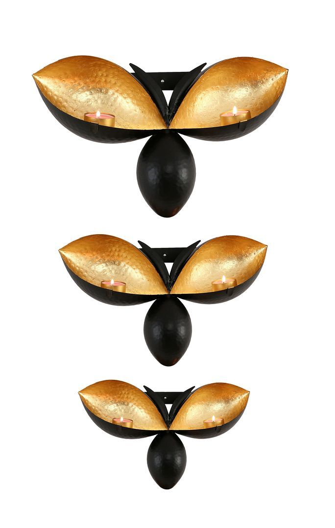 Bee Shape Wall Mounted Black Gold Candle Holders - Set of 3