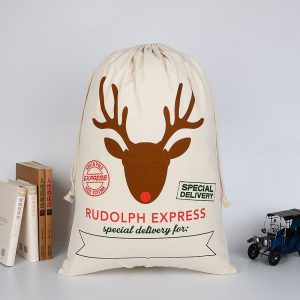Large Christmas XMAS Hessian Santa Sack Stocking Bag Reindeer Children Gifts Bag, Cream - Rudolph Express