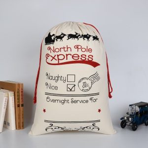 Large Christmas XMAS Hessian Santa Sack Stocking Bag Reindeer Children Gifts Bag, Cream - Overnight Service For (2)