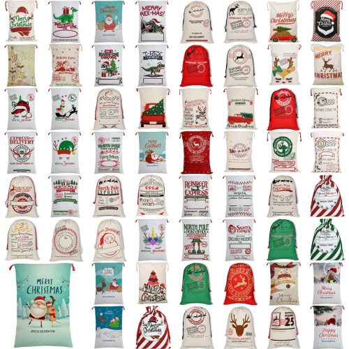 50x70cm Canvas Hessian Christmas Santa Sack Xmas Stocking Reindeer Kids Gift Bag, Cream – Tree In Truck