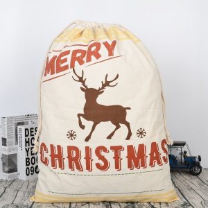 Large Christmas XMAS Hessian Santa Sack Stocking Bag Reindeer Children Gifts Bag, Cream - Reindeer