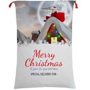 Large Christmas XMAS Hessian Santa Sack Stocking Bag Reindeer Children Gifts Bag, Santa On The Roof