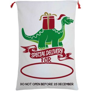 Large Christmas XMAS Hessian Santa Sack Stocking Bag Reindeer Children Gifts Bag, Special Delivery By Dinosaur