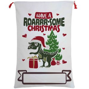 Large Christmas XMAS Hessian Santa Sack Stocking Bag Reindeer Children Gifts Bag, Have A Roar-some Christmas