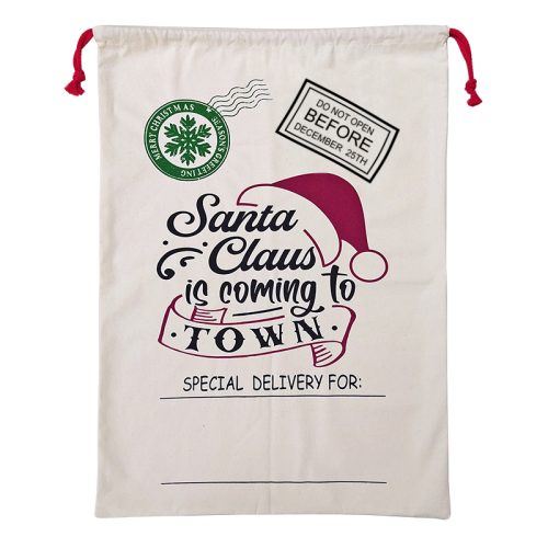50x70cm Canvas Hessian Christmas Santa Sack Xmas Stocking Reindeer Kids Gift Bag, Cream – Santa Coming To Town