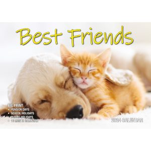 Best Friends - 2024 Rectangle Wall Calendar 16 Months Animals Friendship Moments