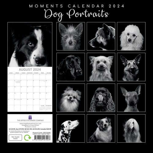 Dog Portraits – 2024 Square Wall Calendar 16 Months Black & White Planner Gift