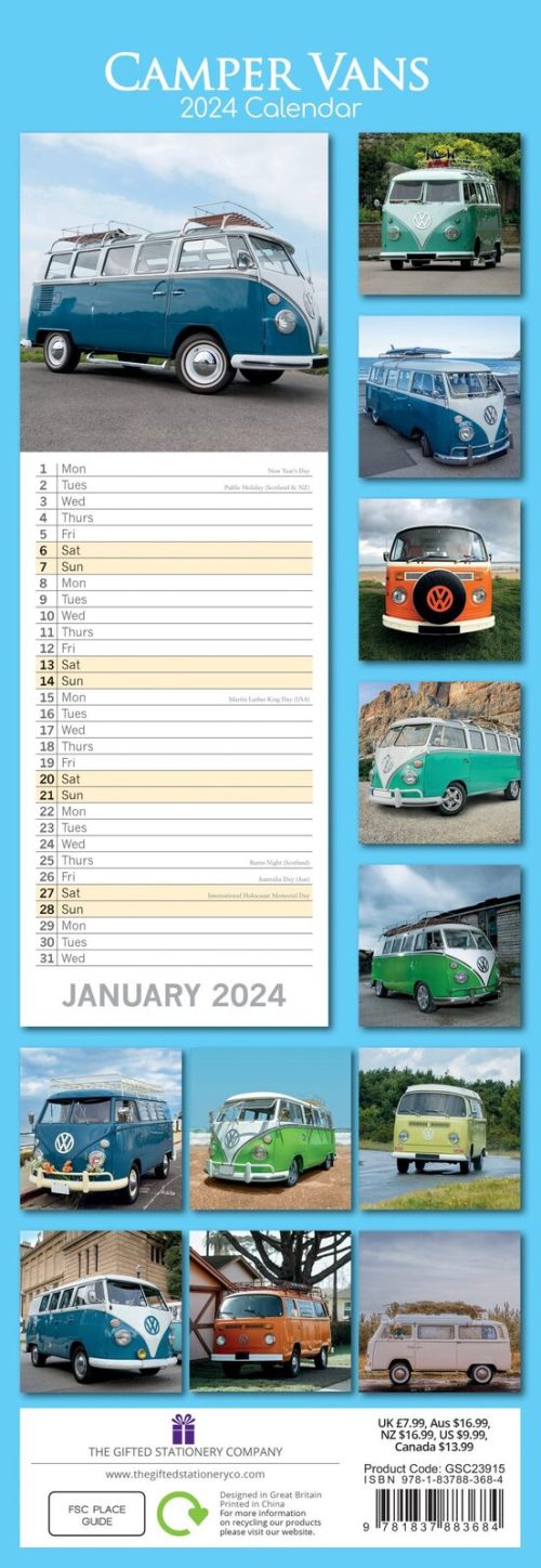 Camper Vans – 2024 Slimline Slim Wall Calendar Hanging Planner New Year Gift