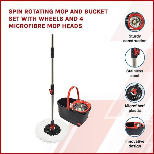 Spin Rotating Mop and Bucket Set with Wheels and 4 Microfibre Mop Heads