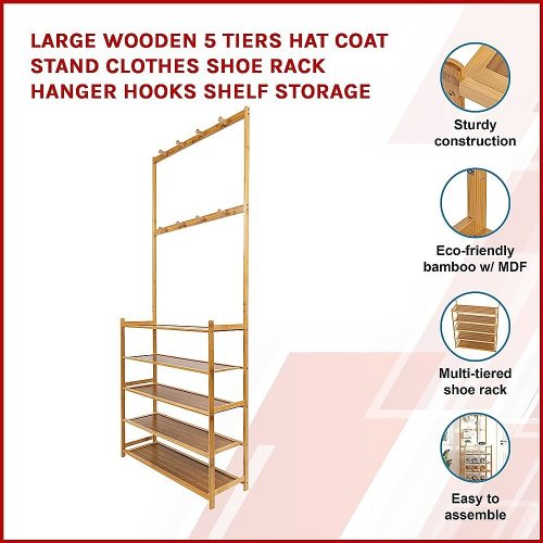 Large Wooden 5 Tiers Hat Coat Stand Clothes Shoe Rack Hanger Hooks Shelf Storage