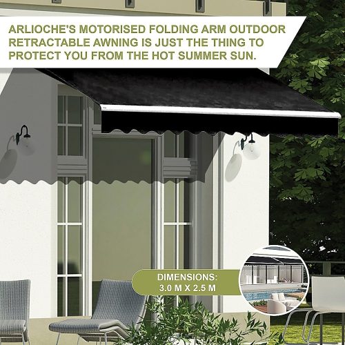 Motorised Outdoor Folding Arm Awning Retractable Sunshade Canopy Black 3.0m x 2.5m