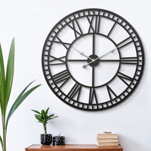 Wall Clock 60CM Large Roman Numerals Round Metal Luxury Wall Clocks Home Decor Black