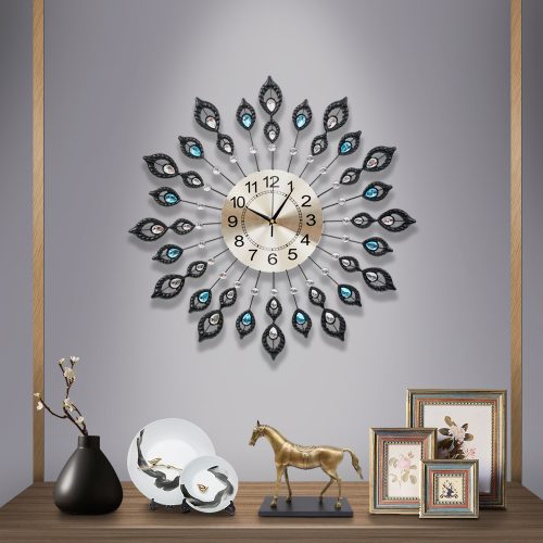 60CM Peacock Wall Clock Large 3D Modern Crystal Luxury Round Wall Clocks Home Decor Black