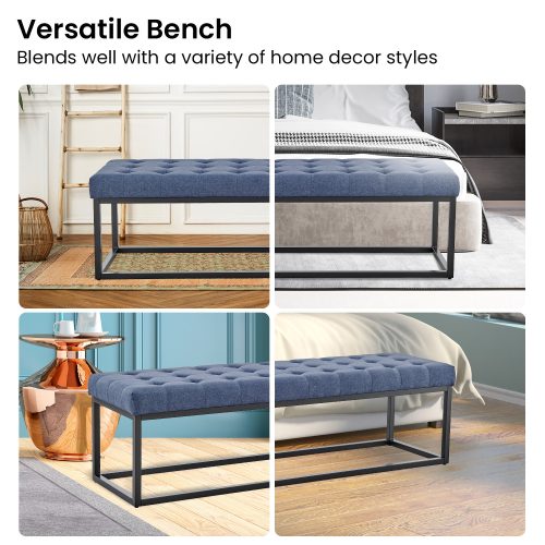 Cameron Button-Tufted Upholstered Bench with Metal Legs – Blue