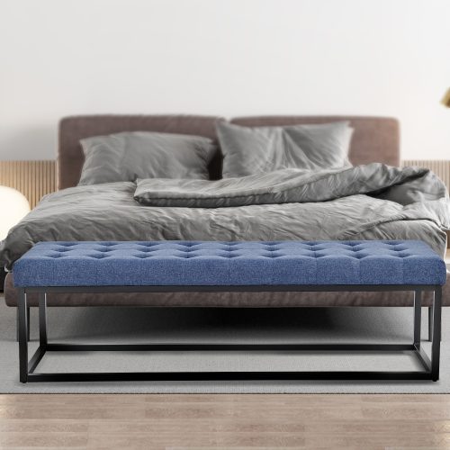 Cameron Button-Tufted Upholstered Bench with Metal Legs – Blue