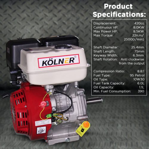 Kolner 16hp 25.4mm Horizontal Key Shaft Q Type Petrol Engine – Recoil Start