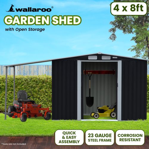 Wallaroo 4x8ft Zinc Steel Garden Shed with Open Storage – Black