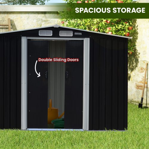 Wallaroo 4x8ft Zinc Steel Garden Shed with Open Storage – Black