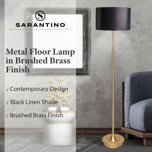 Sarantino Metal Floor Lamp in Brushed Brass Finish Black Linen Shade