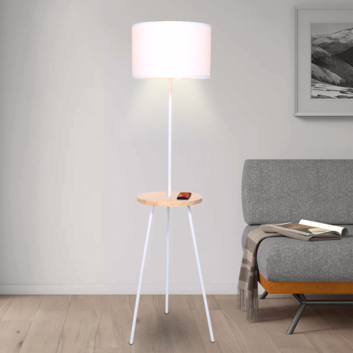Sarantino Metal Tripod Floor Lamp Shade with Wooden Table Shelf