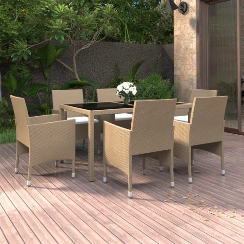 7 Piece Garden Dining Set Poly Rattan and Tempered Glass