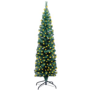 Slim Artificial Christmas Tree with LEDs&Stand Green PVC
